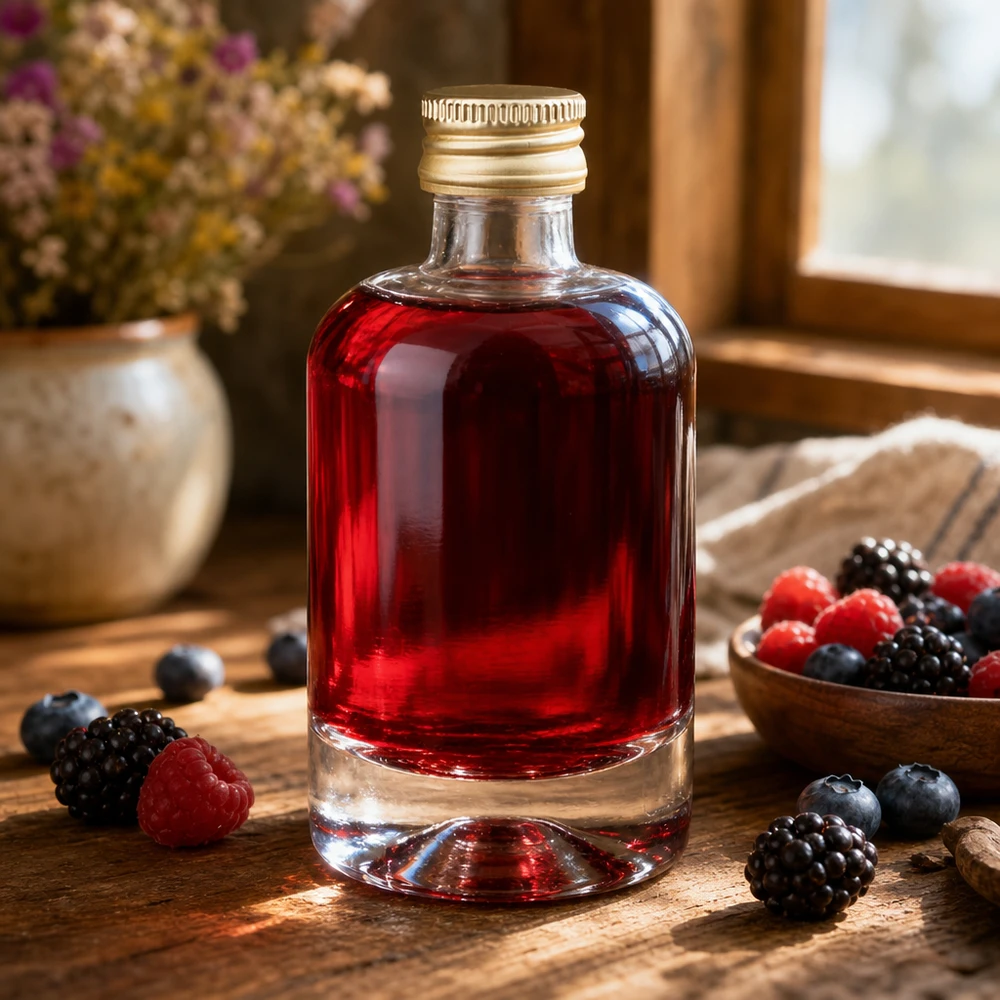 Bouteille en verre Sara de 40 ml remplie de liqueur de baies rouges - bouchon doré UNiTWIST entouré de baies des bois fraîches