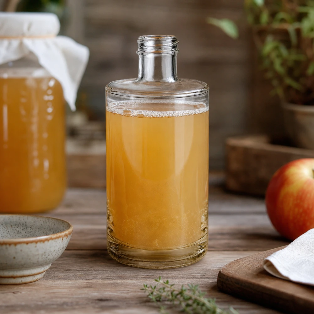 Bouteille en verre 375 ml « Sam » sans bouchon à vis UNiTWIST® Bouteille en verre Sam de 375 ml remplie de jus de pomme sur une table en bois rustique décorée de pommes fraîches et d'un bol en céramique