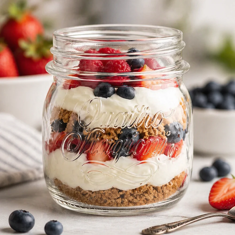 Dessert aux fruits rouges présenté dans un bocal Quattro Stagioni de 250 ml