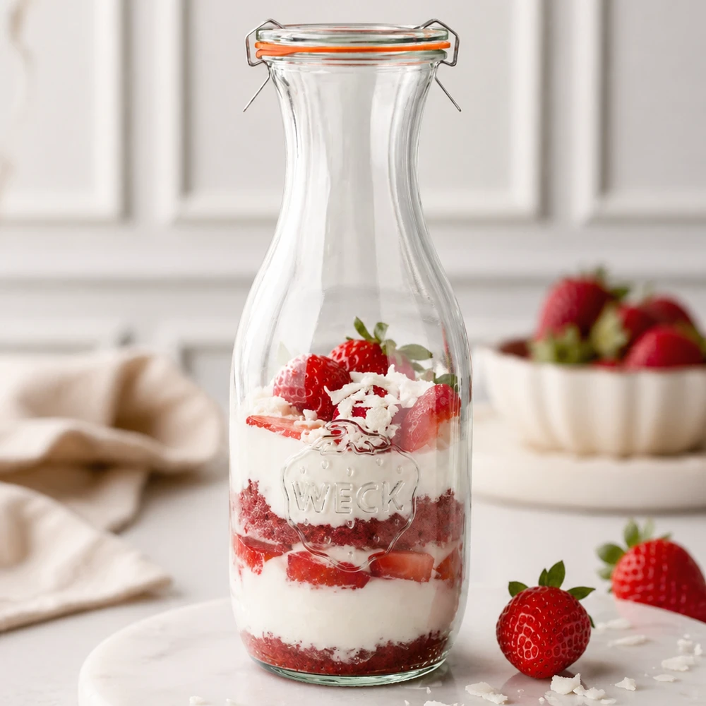Bouteille à jus de 1062 ml, ensemble complet WECK RR60 WECK Bouteille de jus de fruits 1062ml RR60 comme verre à dessert rempli de couches de fraises à la crème fond blanc de cuisine