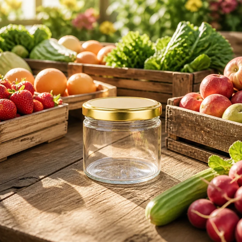 540ml Verre rond avec couvercle BasicSeal or UNiTWIST Verre rond de 540ml avec couvercle BasicSeal doré entre les fruits et légumes frais sur une table en bois ambiance naturelle