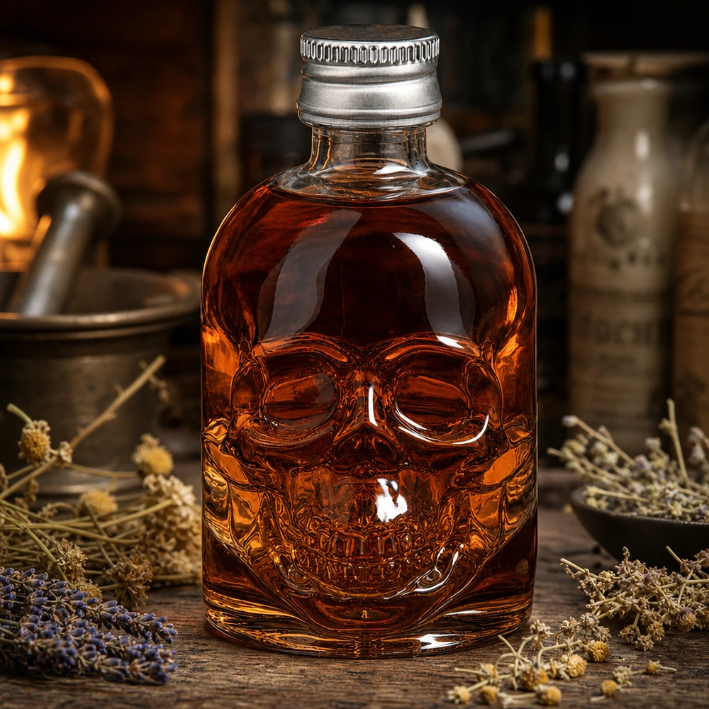 Bouteille en verre 50 ml « Hector » et bouchon à vis argenté UNiTWIST® Bouteille en verre Hector de 50 ml contenant un liquide ambré parmi des herbes et des épices dans une atmosphère d'apothicaire.