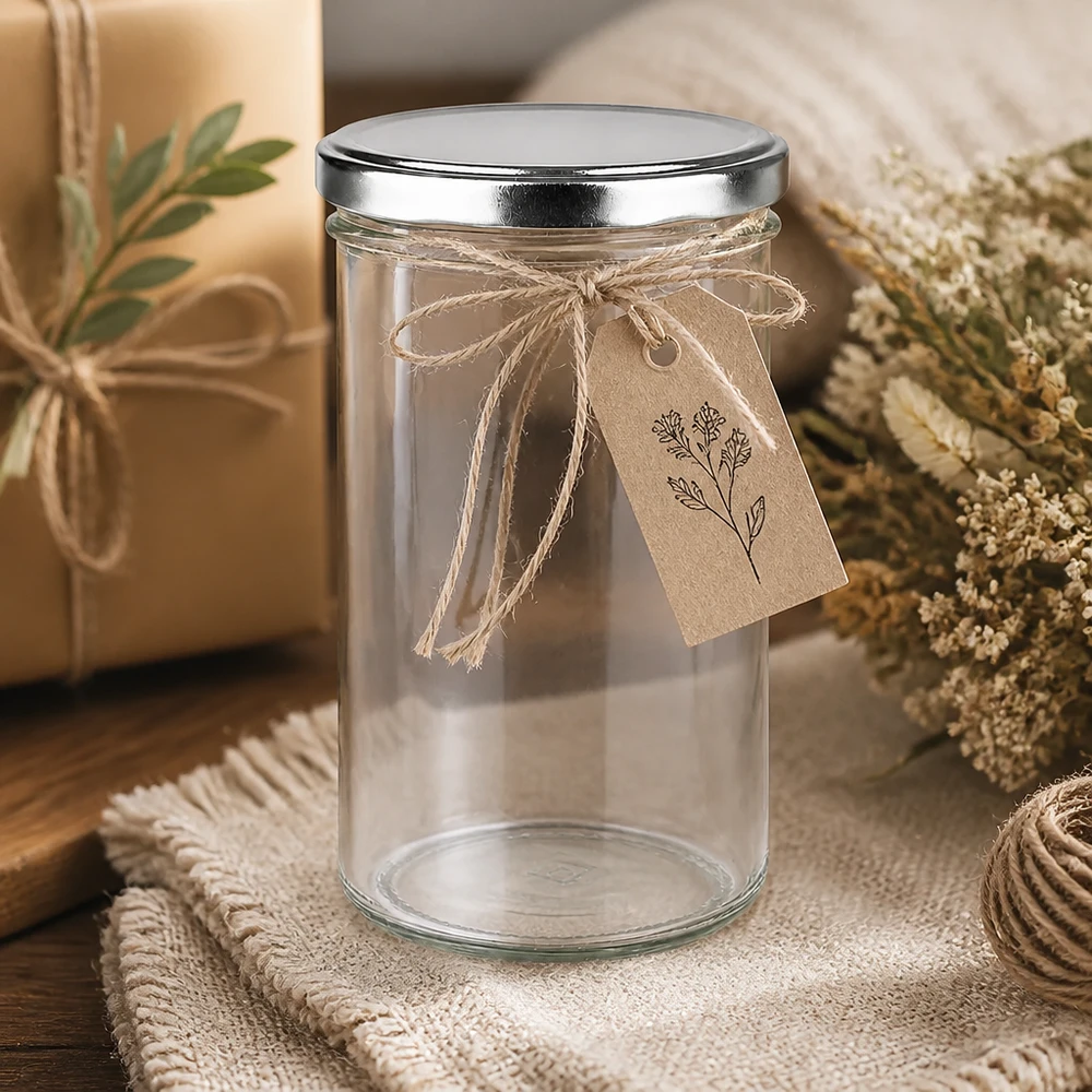 230ml Verre conique avec couvercle BasicSeal argent UNiTWIST 277ml verre renversé avec couvercle BasicSeal argenté arrangé de manière décorative avec étiquette cadeau et matériaux naturels
