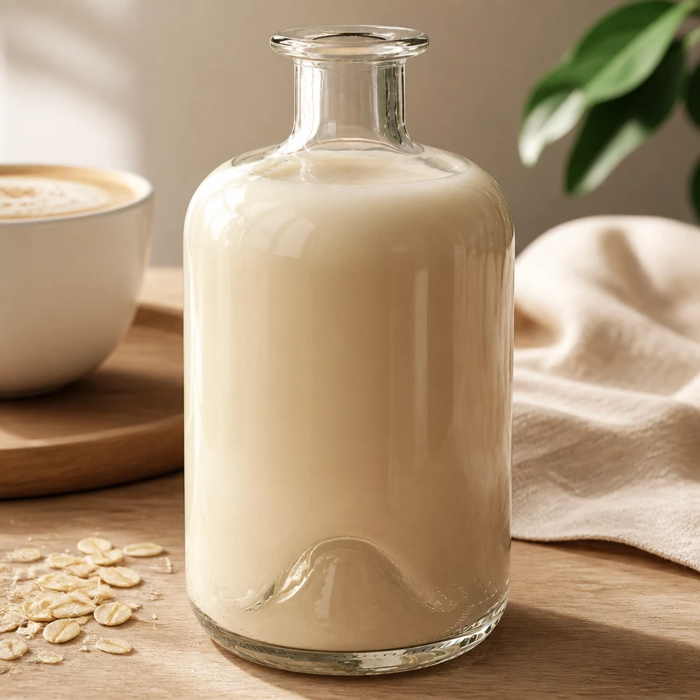 Flacon à pharmacie « 500ml Glasflasche "Luna" ohne Verschluss UNiTWIST » 500 ml sans bouchon UNiTWIST® Bouteille de pharmacie Luna 500ml remplie de lait d'avoine crémeux à côté d'une tasse de café et de flocons d'avoine sur une table en bois