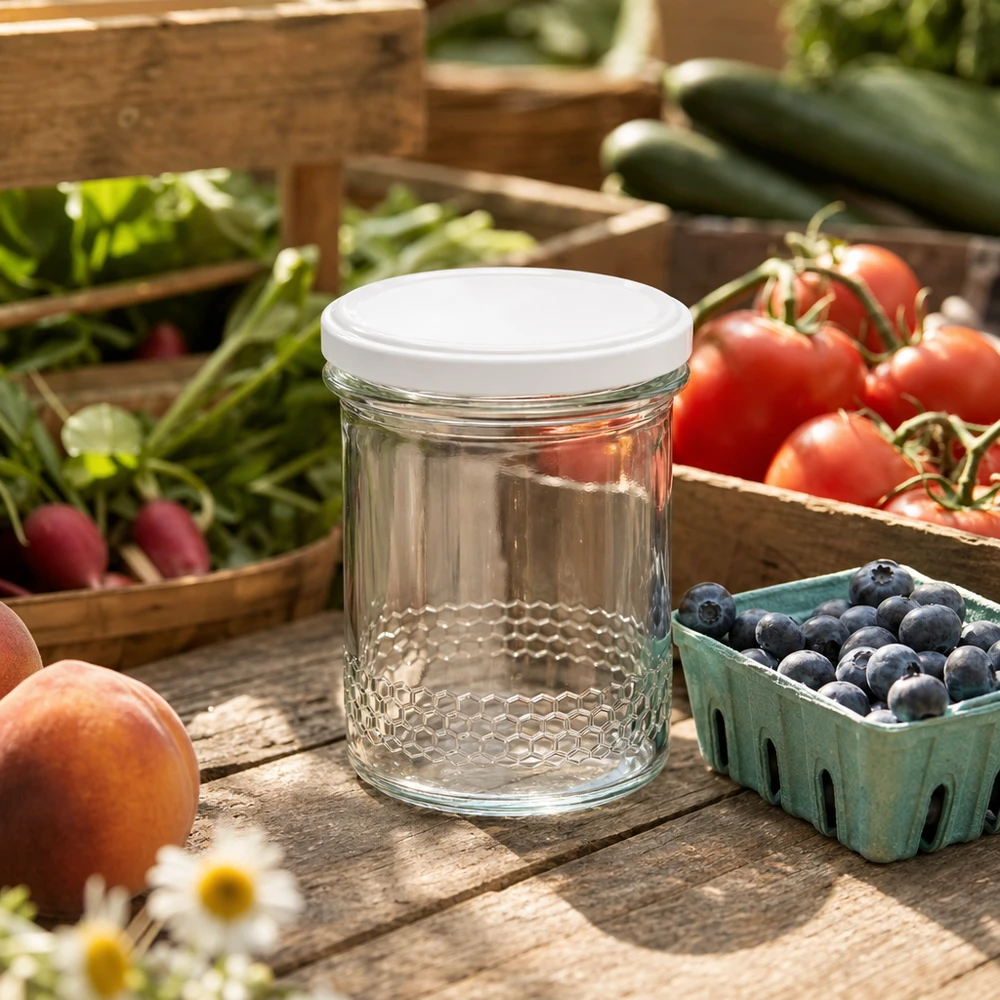 Pot à miel 560 g avec couvercle blanc BasicSeal UNiTWIST Pot de miel de 400ml avec couvercle blanc sur table en bois entre fruits frais myrtilles tomates scène d'extérieur