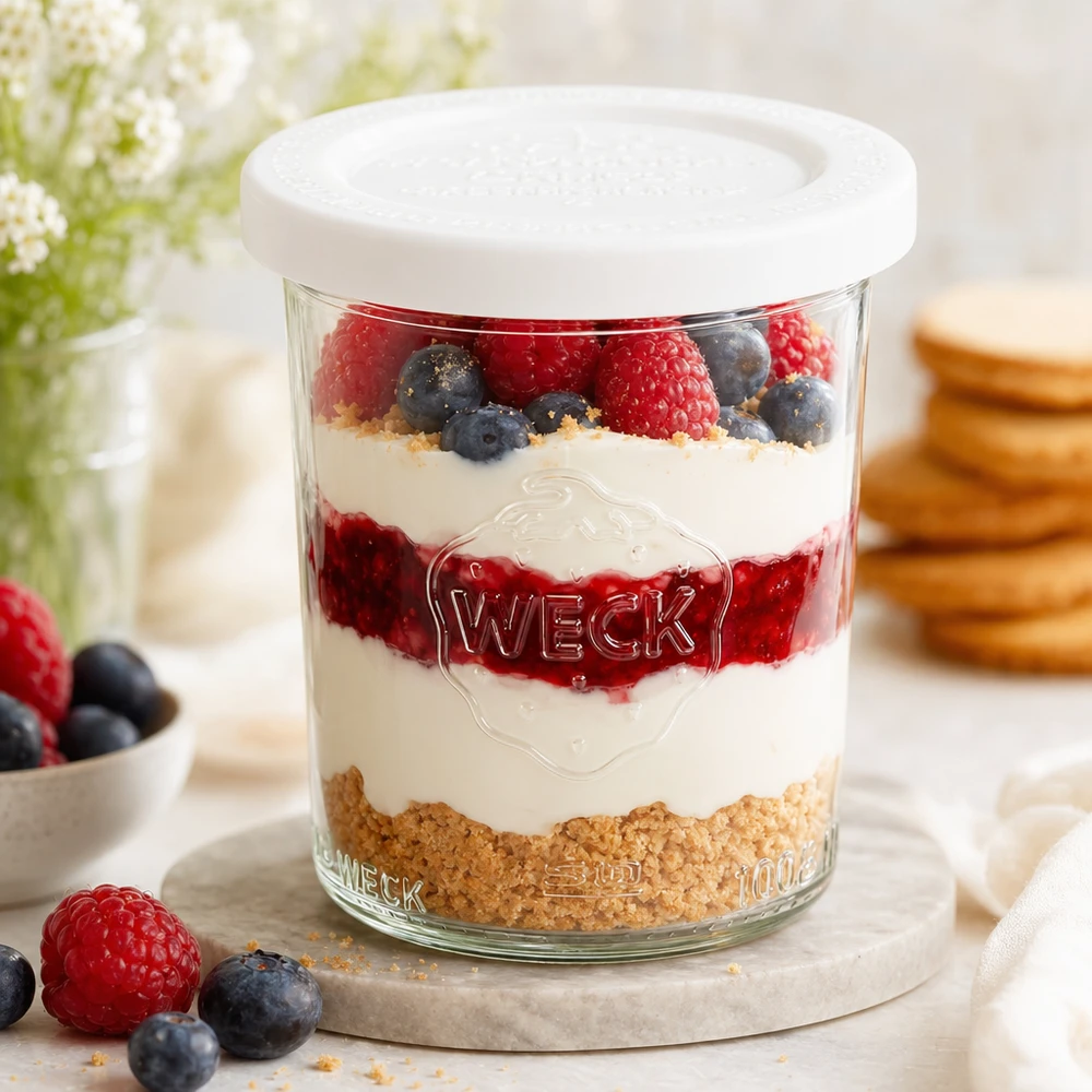 WECK 160ml verre renversé RR60 avec dessert en couches de yaourt, baies et miettes de biscuits - parfait comme verre à dessert