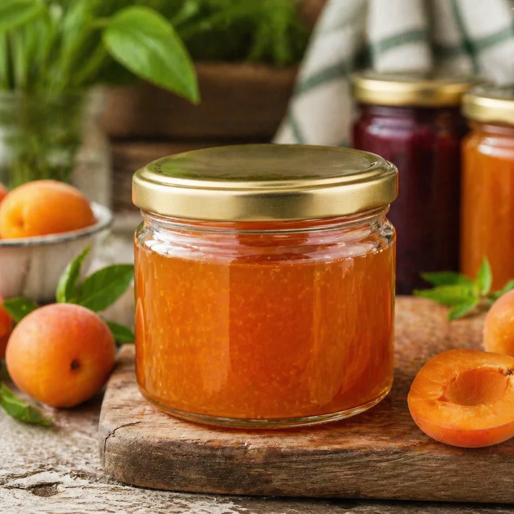 Pot à miel 700 g avec couvercle doré BasicSeal UNiTWIST Pot de miel BasicSeal de 700g avec couvercle doré rempli de confiture d'abricots à côté d'abricots frais sur planche en bois