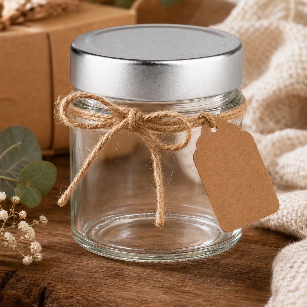 135ml verre rond avec couvercle argenté décoratif avec ficelle de jute et pendentif en papier kraft emballage cadeau rustique