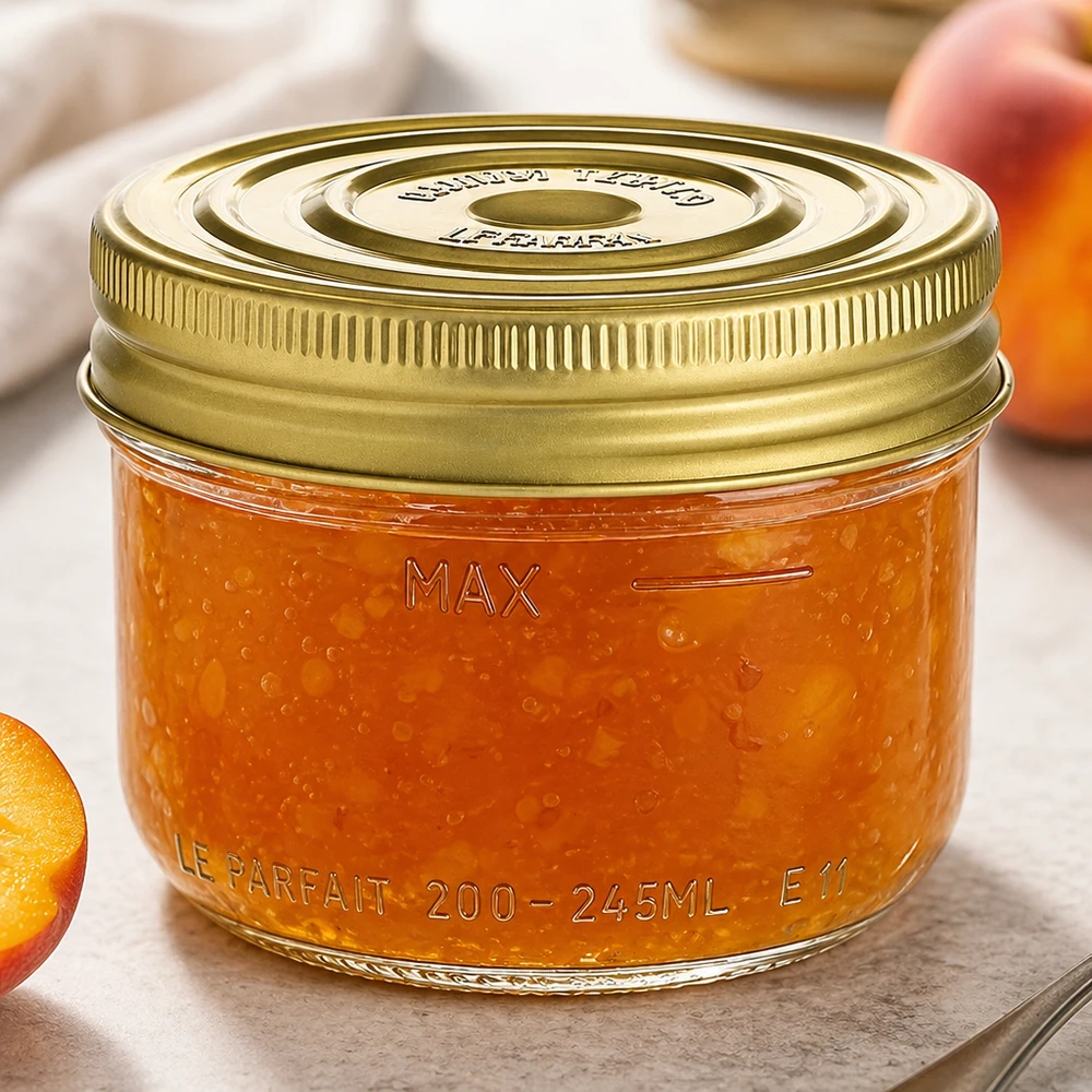 Le Parfait® Familia Wiss 200 g Ø82 mm bocal 245ml pot à vis Familia Wiss avec couvercle doré rempli de confiture orange sur table en bois