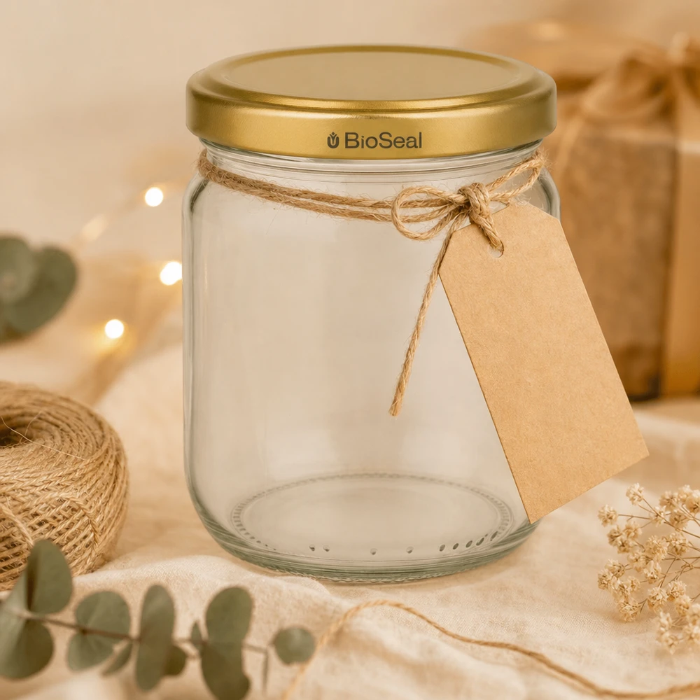 Pot à miel 500 g avec couvercle doré BioSeal UNiTWIST Pot de miel vide BioSeal 500g avec étiquette cadeau et ficelle de jute décorative arrangée avec des fleurs séchées