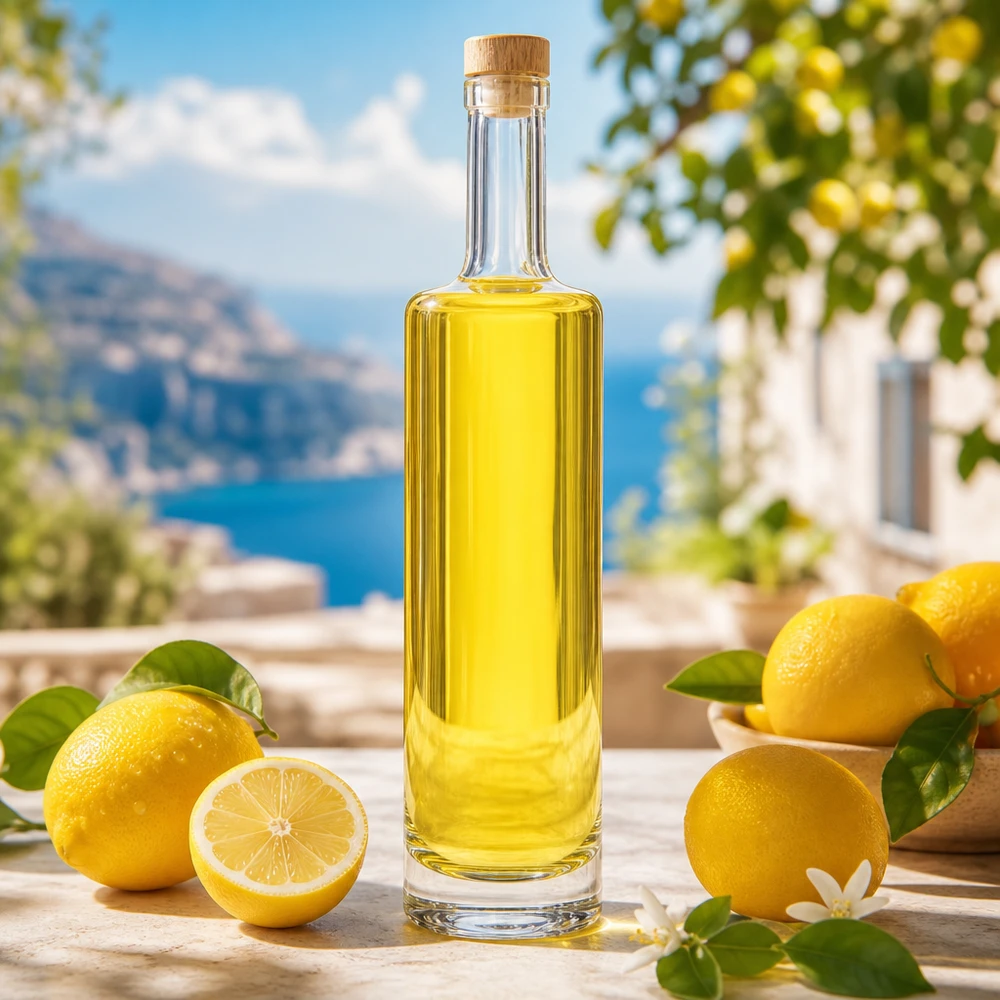Bouteille en verre 500 ml « Lina » avec bouchon en bois UNiTWIST® Bouteille en verre Lina de 500 ml avec bouchon en bois remplie de Limoncello jaune entre des citrons frais décor méditerranéen