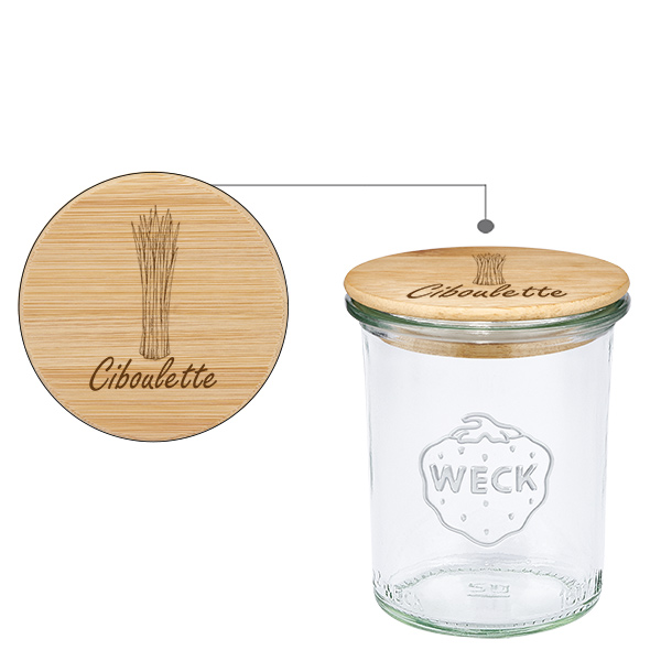 Paire en bois « Ciboulette » avec bordure WECK 160 ml Paire en bois « Ciboulette » avec bordure WECK 160 ml