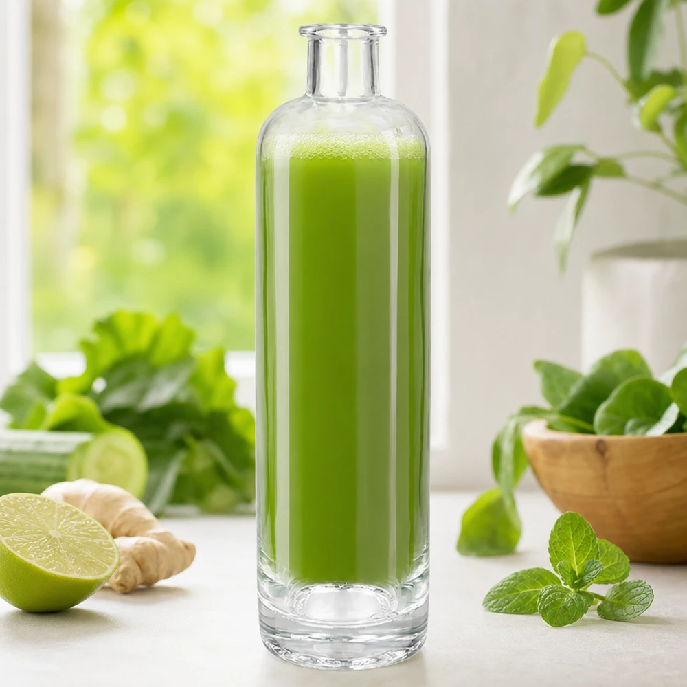 Bouteille en verre 500 ml « Ella » sans bouchon UNiTWIST® 500ml Glasflasche Ella UNiTWIST mit grünem Smoothie gefüllt zwischen frischen Kräutern Ingwer und Limette Wellness-Ambie