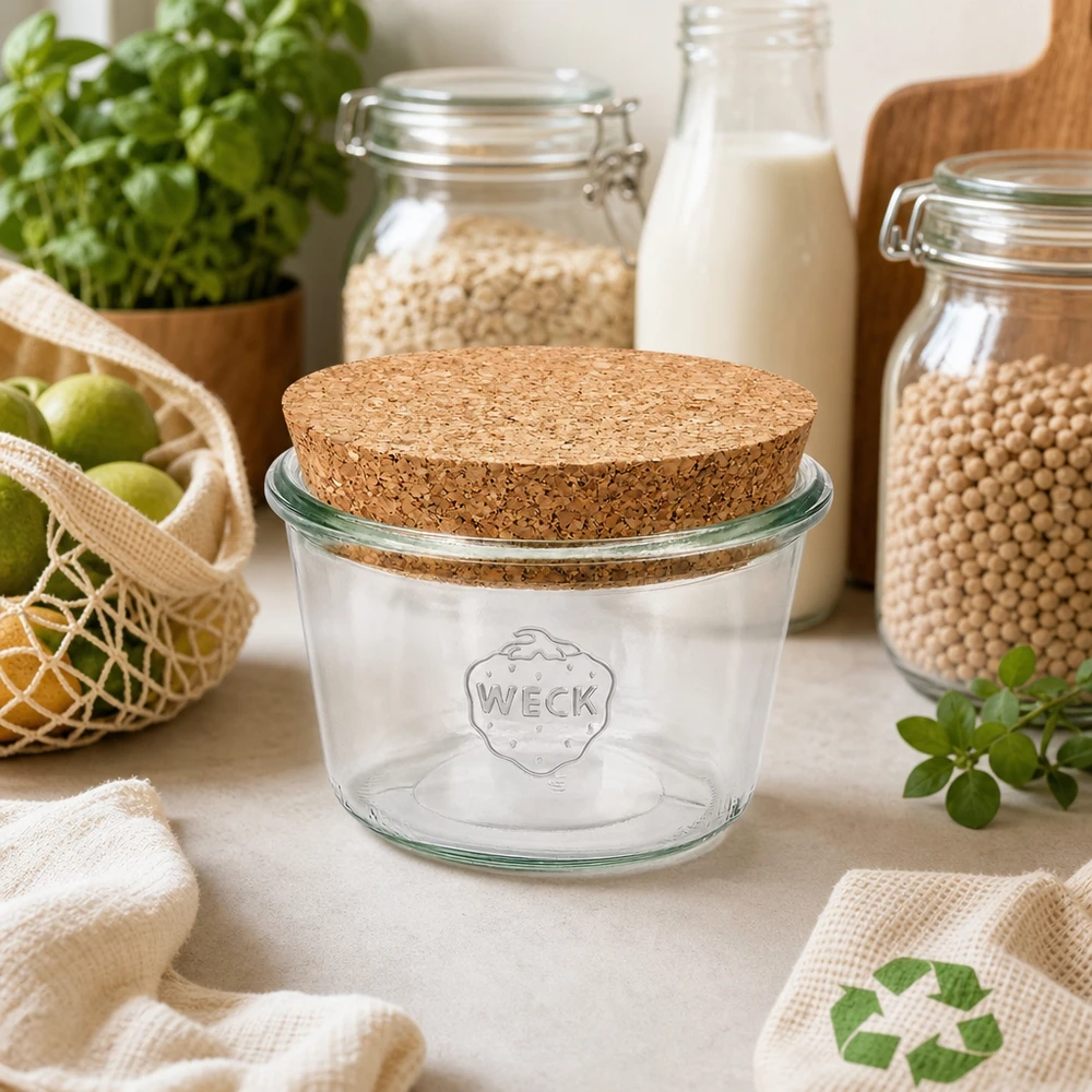 370ml bocal conique WECK RR100 avec bouchon nature WECK Pot renversé 370ml RR100 avec couvercle en liège dans la cuisine durable zéro déchet avec des bocaux à provisions et des produits bio