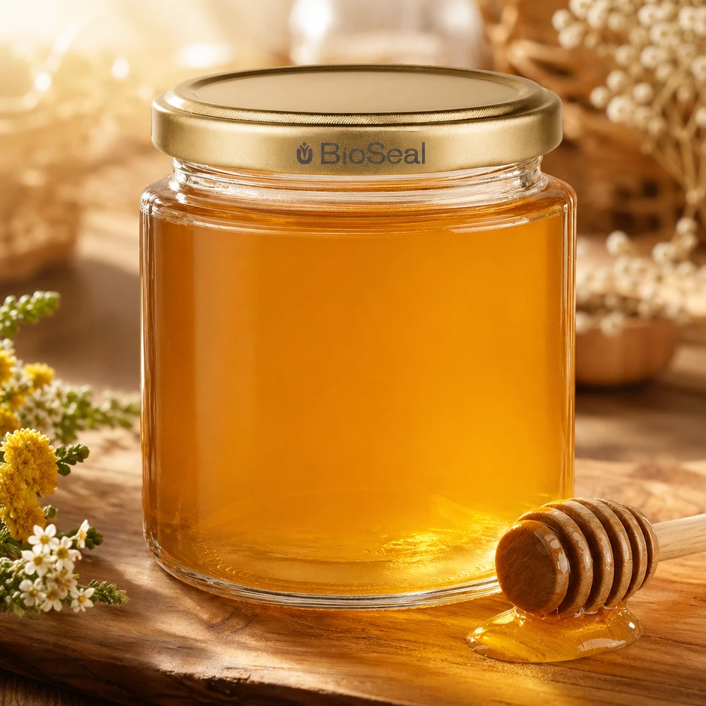 Pot à miel 350 g avec couvercle doré BioSeal UNiTWIST Pot de miel de 250ml rempli de miel doré, couvercle BioSeal et cuillère à miel, présentation naturelle avec fleurs