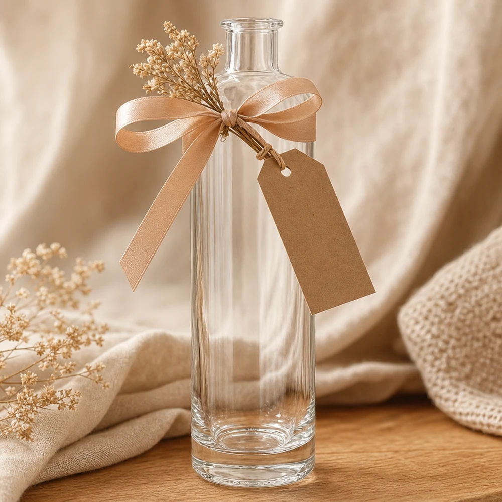 Bouteille en verre de 500ml Ella UNiTWIST décorée comme un cadeau avec un ruban de satin pendentif fleurs séchées Déco-Styling