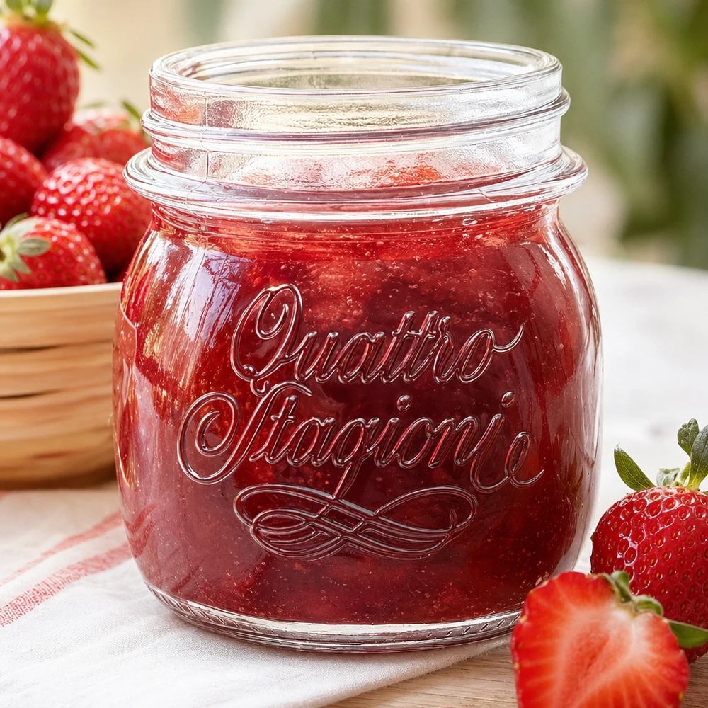 250ml Quattro Stagioni Pot ménager rempli de confiture de fraises à côté de fraises fraîches sur une table en bois