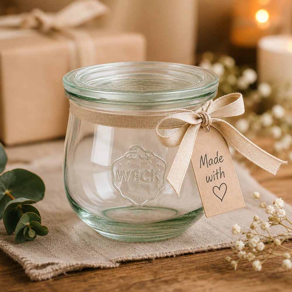 370ml bocal tulipe avec bouchon en verre WECK RR80 WECK Pot tulipe 370ml RR80 comme cadeau avec un ruban beige et un pendentif Made with Love dans une ambiance festive