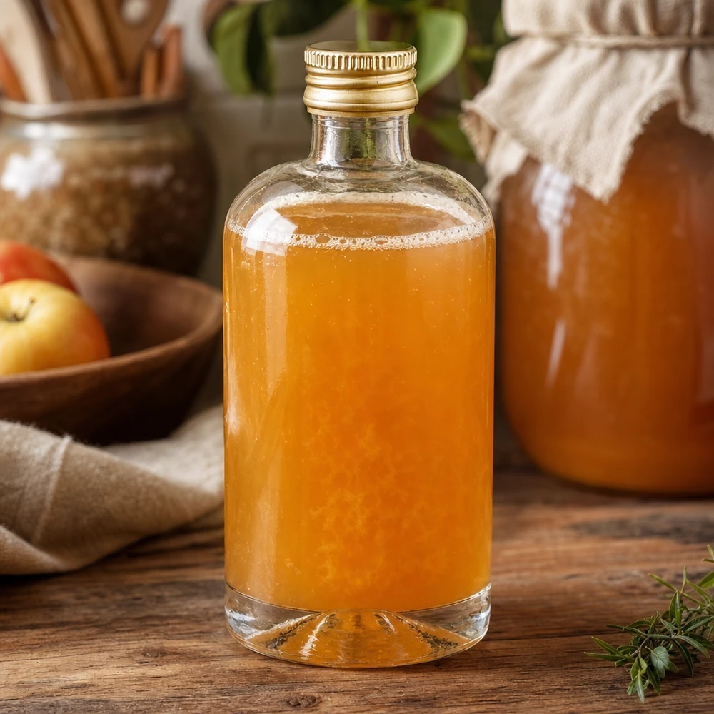 Flacon en verre Sara de 40 ml, contenu orange et bouchon doré UNiTWIST, sur une table en bois rustique avec des pommes