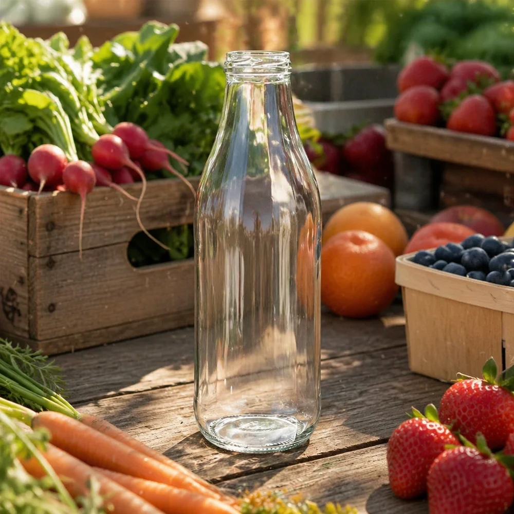 1000ml Bouteille sans bouchon (TO48) UNiTWIST 1000ml UNiTWIST Bouteille en verre TO48 vide sur table en bois avec fruits et légumes frais Outdoor Scénario naturel