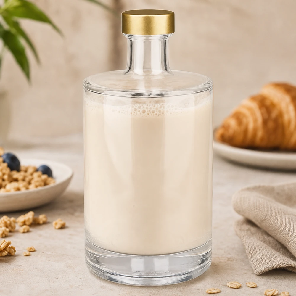 Bouteille en verre 500 ml « Sam » + bouchon à vis doré UNiTWIST® Bouteille en verre Sam de 500 ml remplie de lait blanc Bouchon doré UNiTWIST Ambiance petit-déjeuner Croissants Noix