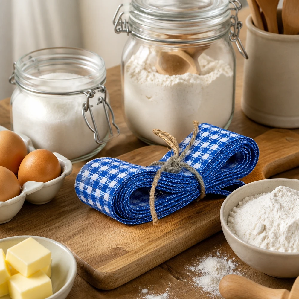 Ruban de tissu à carreaux bleu et blanc 300cm disposé sur une planche en bois entre les ingrédients de cuisson comme la farine, les œufs et le beurre.