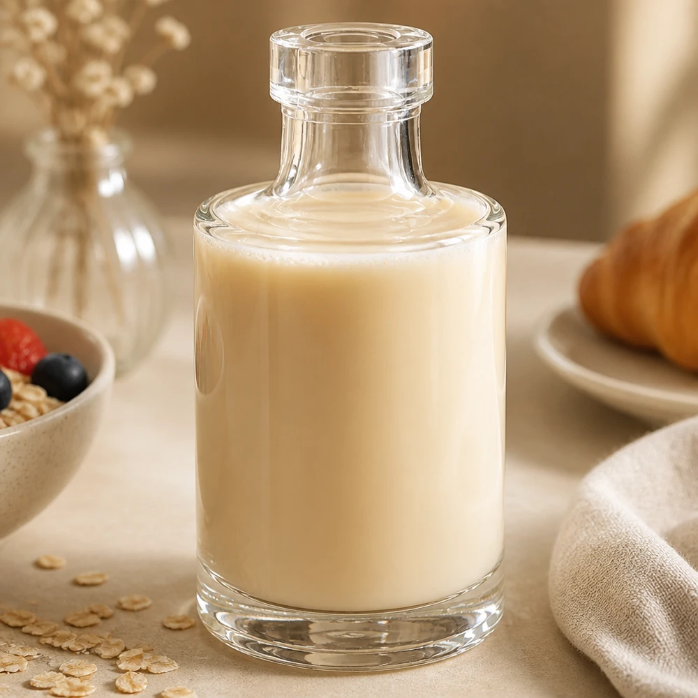 Bouteille en verre Marie de 100 ml au contenu crémeux dans un environnement de cuisine élégant avec du muesli et des flocons d'avoine en guise de décoration