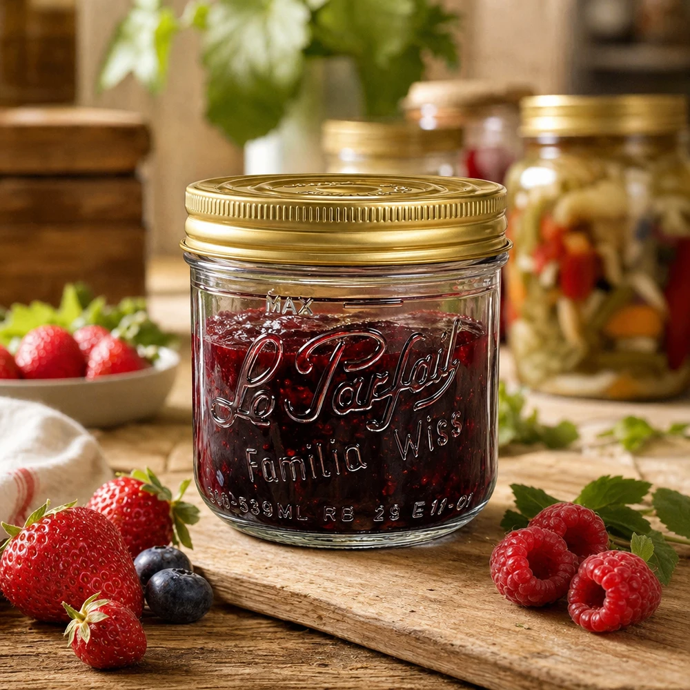 Verre Familia Wiss 539ml avec couvercle à visser doré sur planche en bois avec fraises framboises et confiture