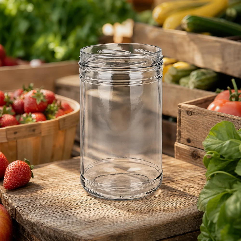 1053ml Verre conique sans couvercle (TO100) UNiTWIST UNiTWIST Pot renversé 1053ml TO100 Pot de conserve vide entre des légumes frais et des fraises sur une planche en bois dans la cuisine