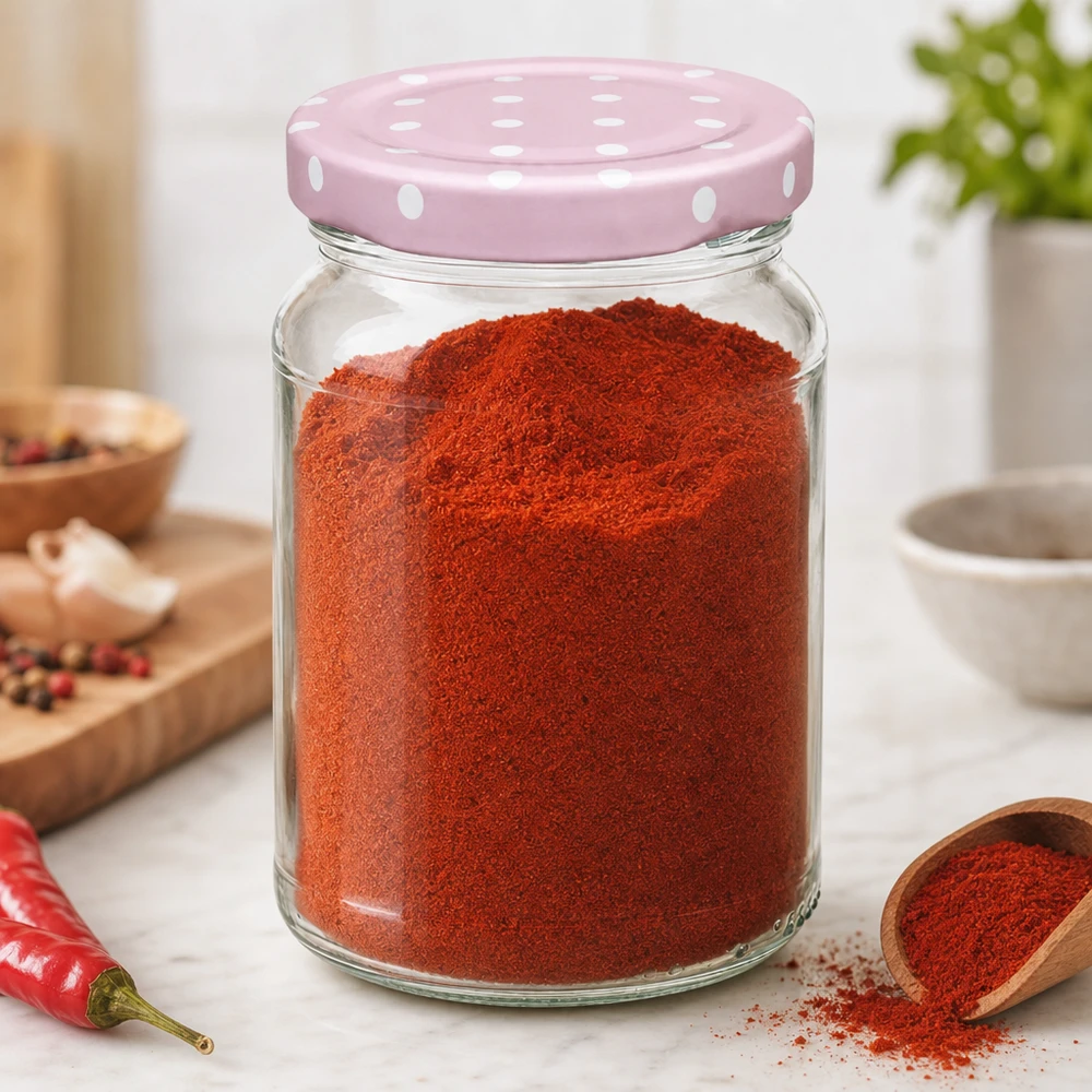 Gewürzaufbewahrung im 205ml Rundglas mit rosa Punktedeckel - ideal für Paprika und Küchengewürze