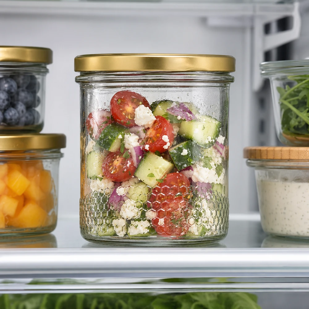 Pot à miel 560 g avec couvercle doré BasicSeal UNiTWIST Pot à miel de 400 ml avec couvercle BasicSeal doré UNiTWIST comme pot à salade au réfrigérateur rempli de salade grecque