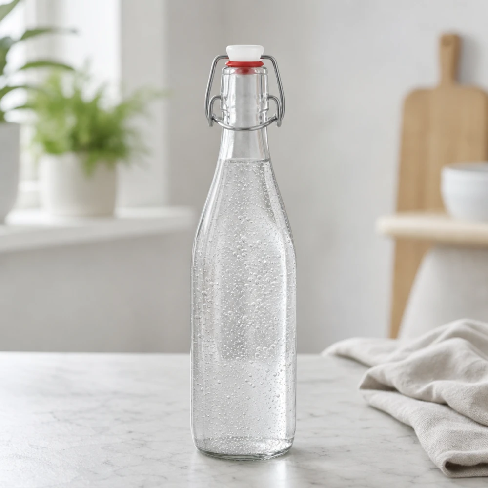 Bouteille en verre de 500ml avec bouchon à étrier remplie d'eau gazeuse cuisine moderne Bouteille d'eau gazeuse