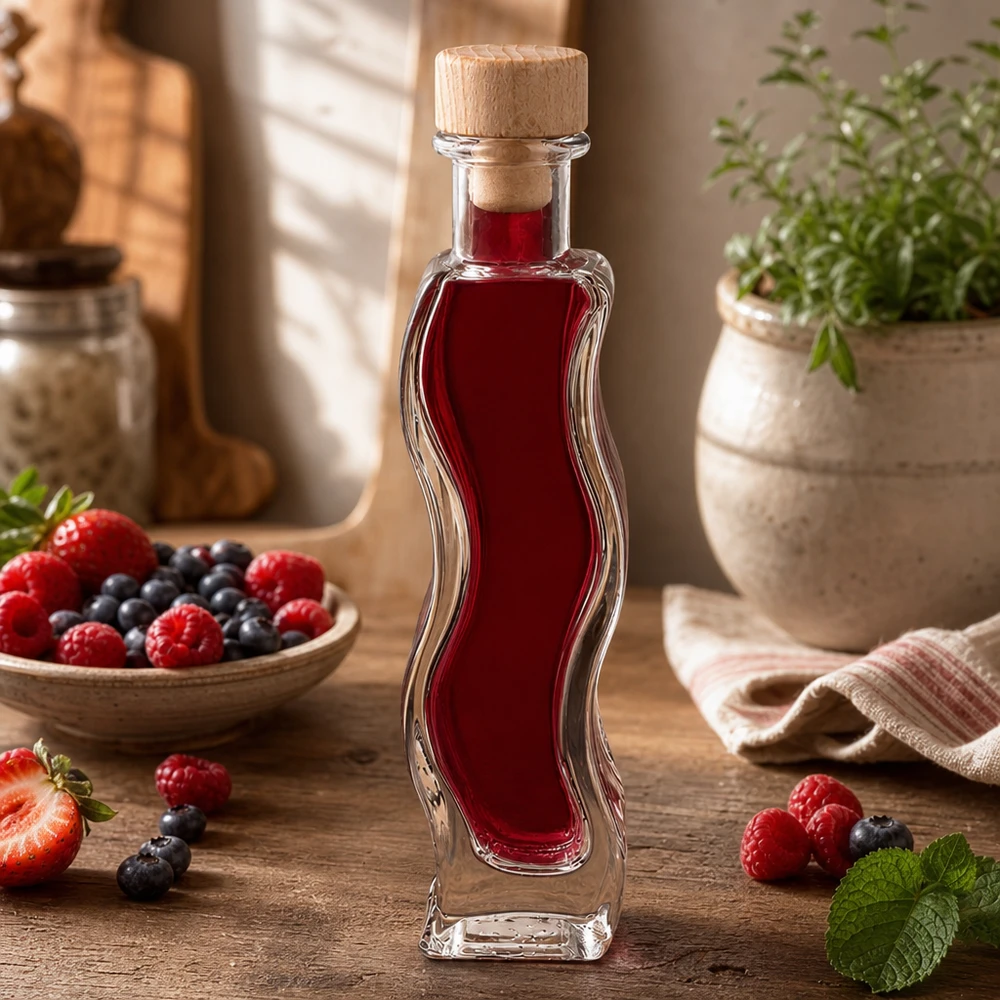 Flacon en verre « Melissa » 100 ml avec bouchon en bois UNiTWIST® Bouteille en verre Melissa de 100 ml remplie de jus de baies entourée de fraises fraîches Framboises Myrtilles Bouchon en bois
