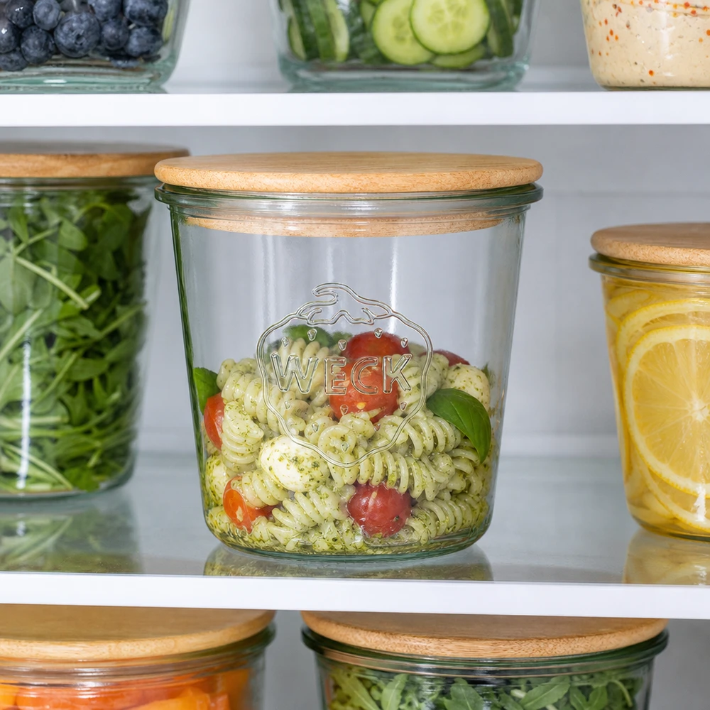 WECK Pot renversé 580ml avec couvercle en bois rempli de salade de pâtes au réfrigérateur pour conserver les aliments au frais