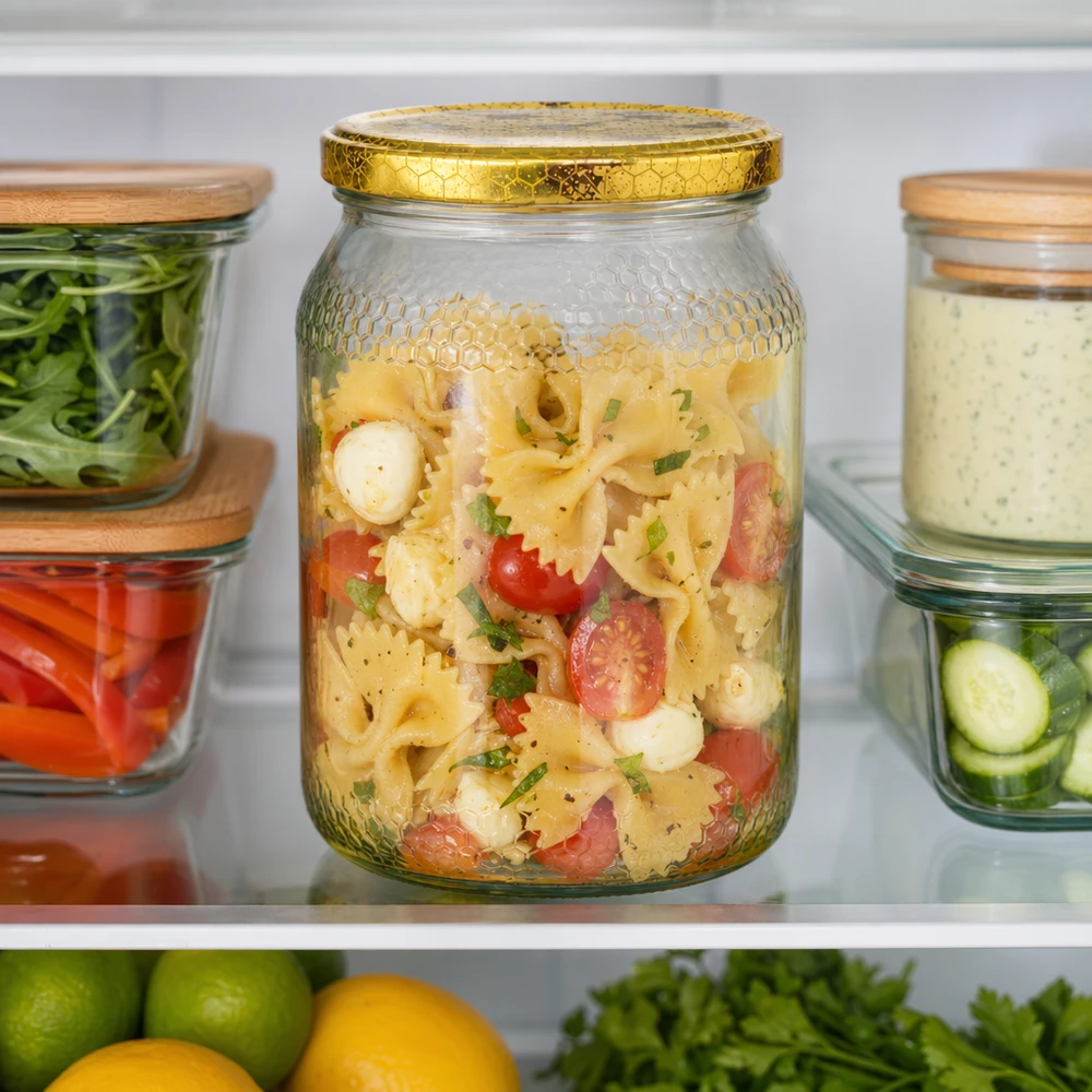 Pot à miel 1260 g avec couvercle motif rayon de miel BasicSeal UNiTWIST 900ml Honigglas mit goldenem Bienenwaben-Deckel zur Nudelsalat-Aufbewahrung im Kühlschrank zwischen anderen Vorratsgläse