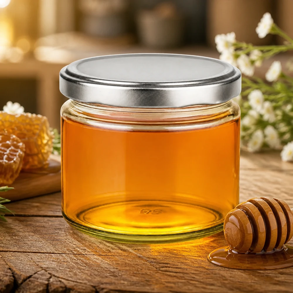 Pot rond de 330ml avec couvercle BasicSeal argenté rempli de miel Pot de miel avec cuillère à miel atmosphère rustique