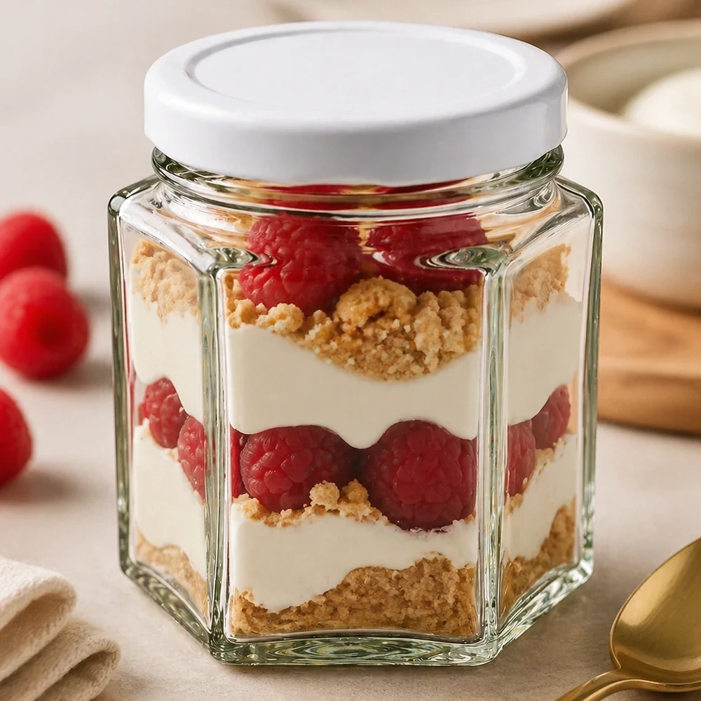 Verre hexagonal de 47 ml avec couvercle blanc BasicSeal comme verre à dessert rempli d'un dessert stratifié de baies et de crème