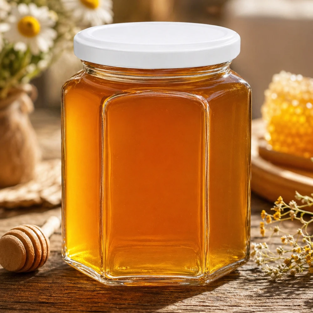 Pot de miel hexagonal de 400g rempli de miel doré entouré de cire d'abeille et de camomille sur une table en bois