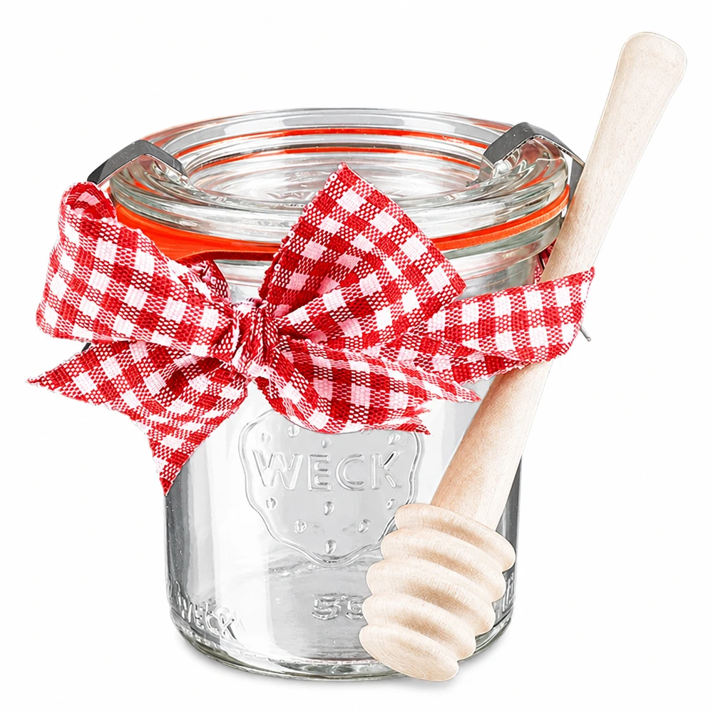 WECK Mini bocal en verre 140ml avec couvercle, ruban rouge et cuillère à miel en bois Set complet