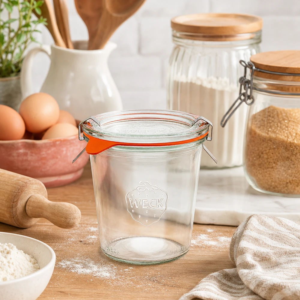 290ml bocal conique haut complet WECK RR80 WECK Verre renversé 290ml RR80 vide dans un environnement de cuisine naturel avec des ingrédients de boulangerie farine œufs et ustensiles en bois