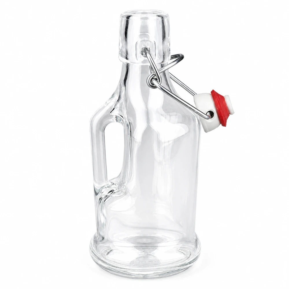 Bouteille en verre Bertha 200ml avec anneau en caoutchouc rouge sur le bouchon à étrier et l'anse Détail vue de côté UNiTW