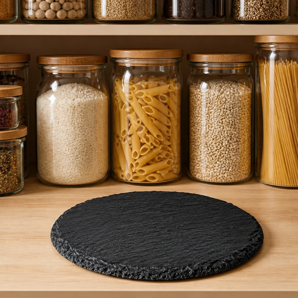 Ardoise ronde 150mm sur étagère en bois devant la cuisine de réserve avec pâtes et épices dans des boîtes en verre comme étagère de service naturelle