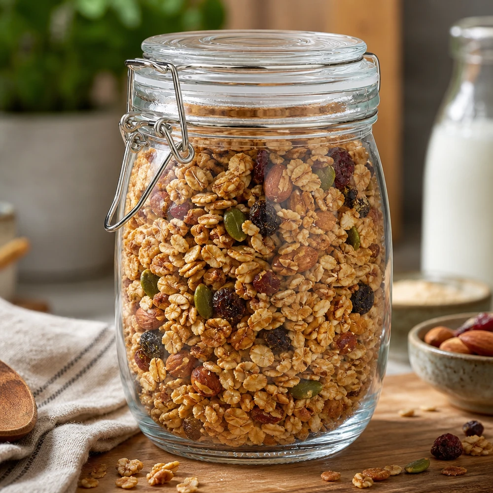 Pot de réserve 1000ml type S avec fermeture à étrier UN. Grand bocal de 1000 ml avec fermeture à étrier, idéal pour les céréales, les noix et les fruits secs.