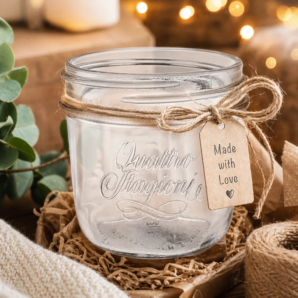 200ml Verre rond "Quattro Stagioni" QS86mm 200ml Quattro Stagioni verre à bijoux avec ruban de jute et pendentif Made with Love en décoration rustique