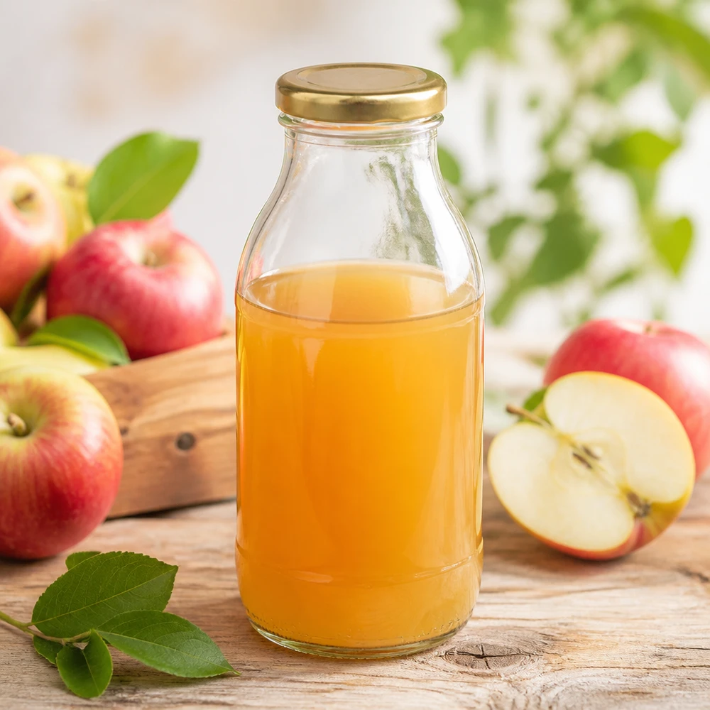 Bouteille en verre UNiTWIST de 250 ml contenant du jus de pomme frais, avec un bouchon à vis BasicSeal doré
