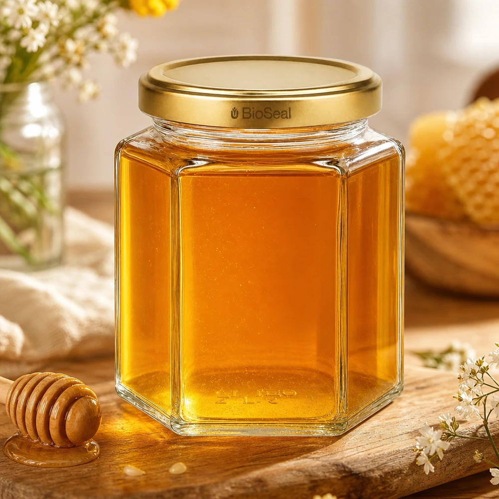 UNiTWIST Hexa390 Pot de miel avec couvercle TO70 BioSeal doré à côté du rayon de miel et de la cuillère à miel sur une table en bois