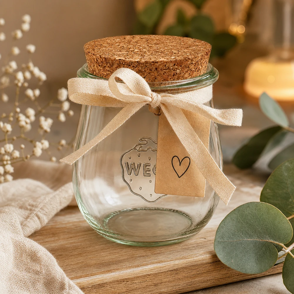 WECK Pot tulipe 220ml RR60 emballé de manière décorative avec un ruban et une étiquette cadeau comme cadeau sur une table en bois