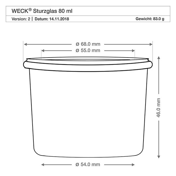 80ml bocal conique WECK RR60 avec bouchon nature Technische Zeichnung WECK Sturzglas 80ml RR60 mit Maßangaben Durchmesser 68mm Höhe 46mm für perfekte Küchenplanung