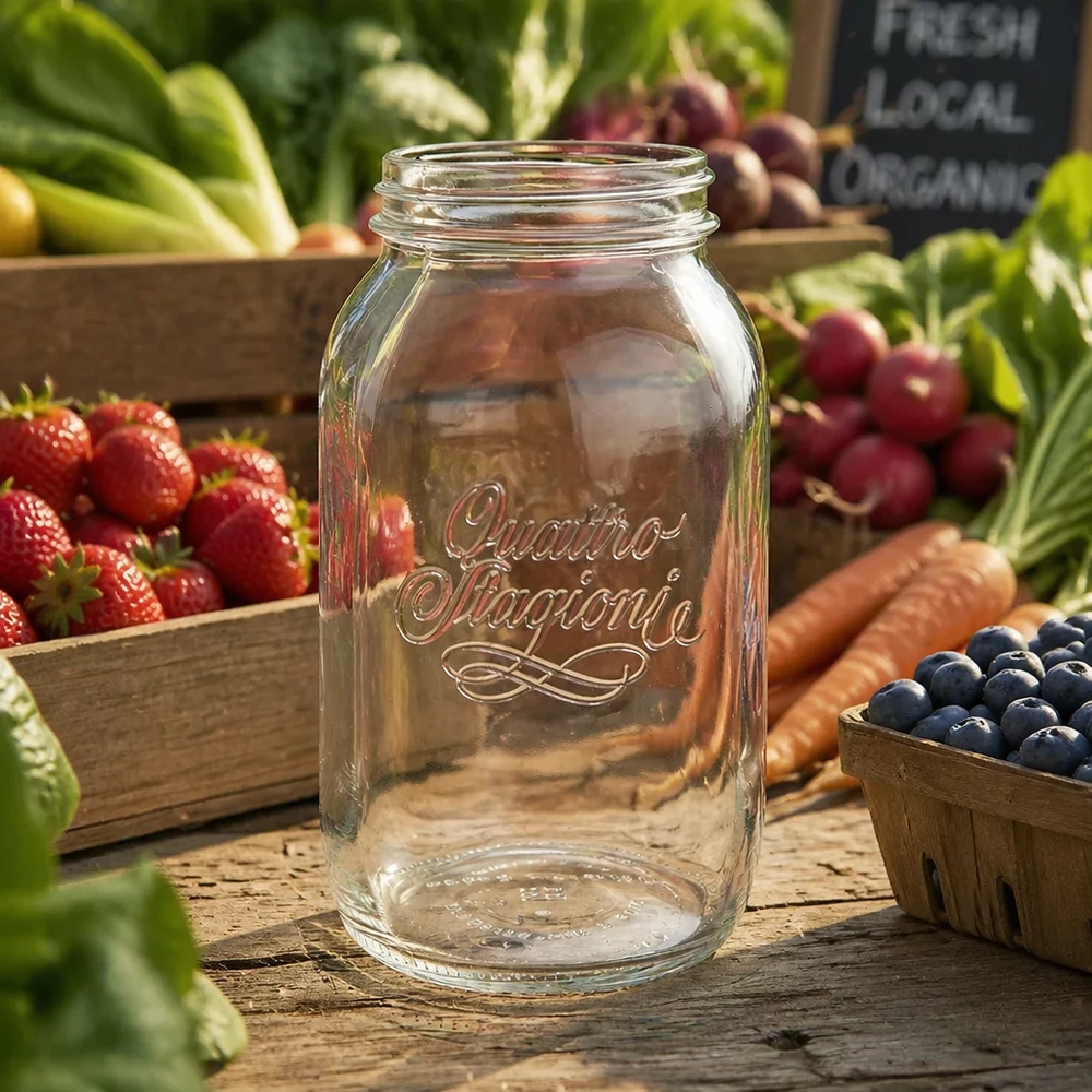 1500ml Verre rond 'Quattro Stagioni' QS86mm 1500ml Quattro Stagioni Verre de ménage Verre de conserve sur table en bois avec fruits et légumes frais en arrière-plan
