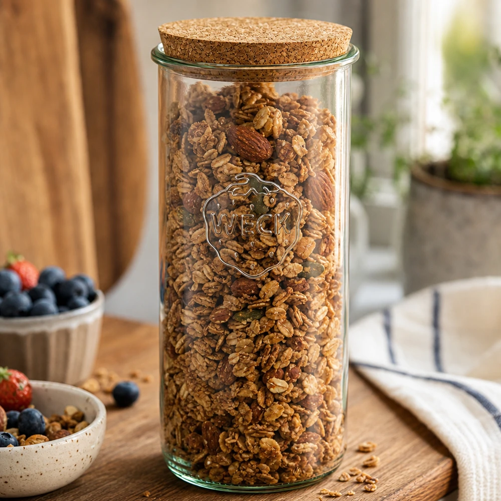 Grand bocal WECK avec bouchon en liège rempli de granola